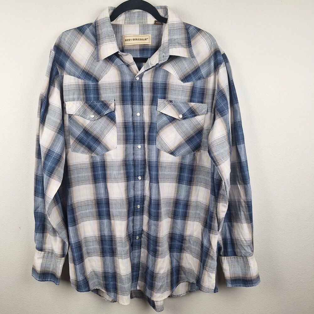 Bit And Bridle Mens Xl Cowboy Pearl Snap Plaid Button Up Shirt Blue